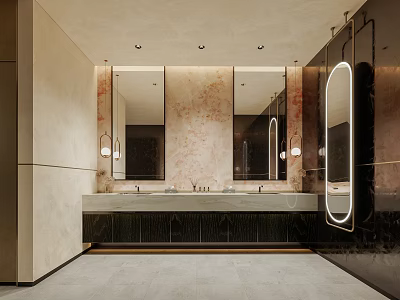 Modern Upscale Public Restroom Interior Features Marble Vanity Top And Stylish Backlit LED Mirrors 3d model
