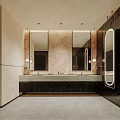 Modern Upscale Public Restroom Interior Features Marble Vanity Top And Stylish Backlit LED Mirrors