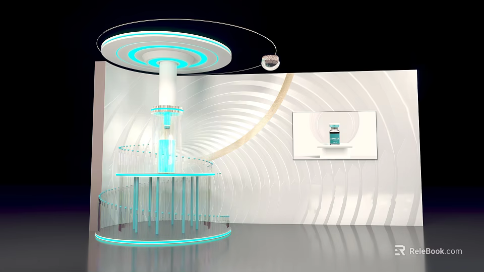 Modern Tech Inspired Photo Spot With Glowing Cylindrical Device And Curved White Walls 3d model 