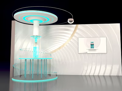 Modern Tech Inspired Photo Spot With Glowing Cylindrical Device And Curved White Walls 3d model