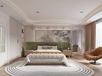 Elegant Bedroom Interior With Green Velvet Headboard Circular Black White Rug And Accent Chair 3d model