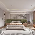 Elegant Bedroom Interior With Green Velvet Headboard Circular Black White Rug And Accent Chair
