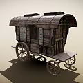 Vintage Wooden Carriage with Curved Roof Wooden Frames Windows and Spoked Wheels