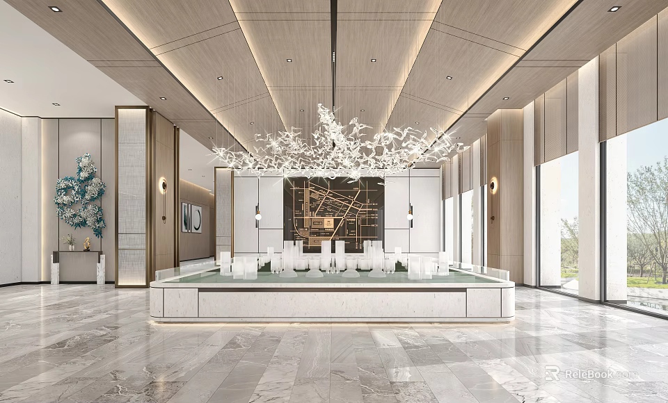 Luxury Sales Office Interior With Elegant Chandelier Marble Floor And Modern Reception Area 3d model 