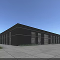 Industrial Warehouse Exterior Modern Gray Building with Large Glass Windows People Around Blue Sky