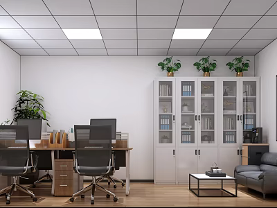 Office Interior Design with Desks Computers Green Plants Filing Cabinets Sofa and Coffee Table 3d model