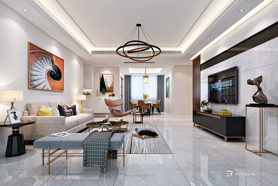 Modern Living Room Interior With Sofa Coffee Table Circular Chandelier And Marble TV Wall 3d model 