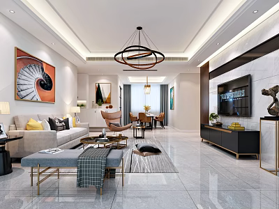 Modern Living Room Interior With Sofa Coffee Table Circular Chandelier And Marble TV Wall 3d model