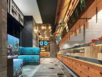 Modern Traditional Seafood Restaurant Interior With Fish Tanks Wooden Counters And Hanging Signs 3d model
