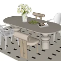 Modern Dining Table And Chairs Set With Oval Top Transparent Seats Beige Chairs On Checkered Rug