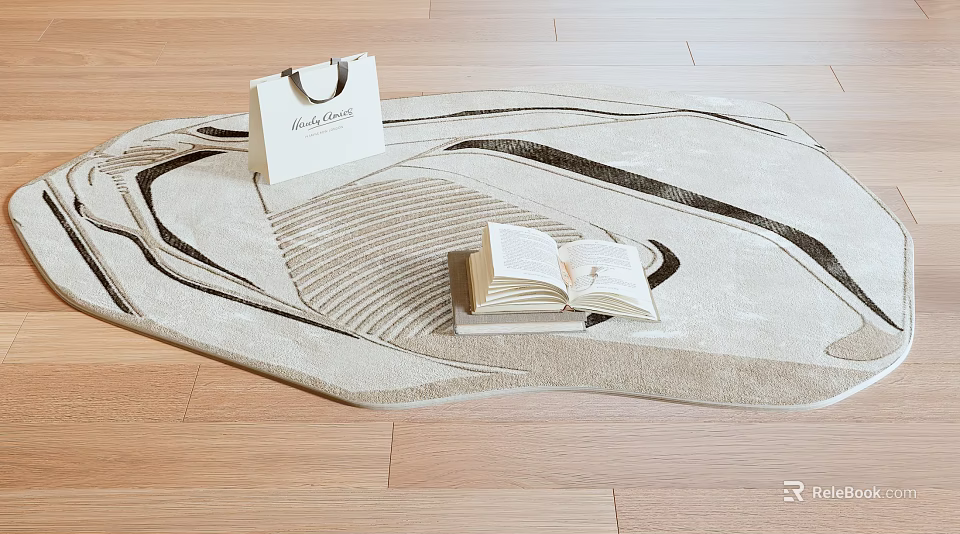 Stylish Area Rug Featuring Curved Lines with Open Book and Shopping Bag on Wooden Floor 3d model 