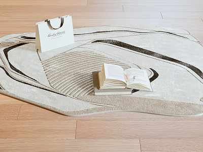 Stylish Area Rug Featuring Curved Lines with Open Book and Shopping Bag on Wooden Floor 3d model