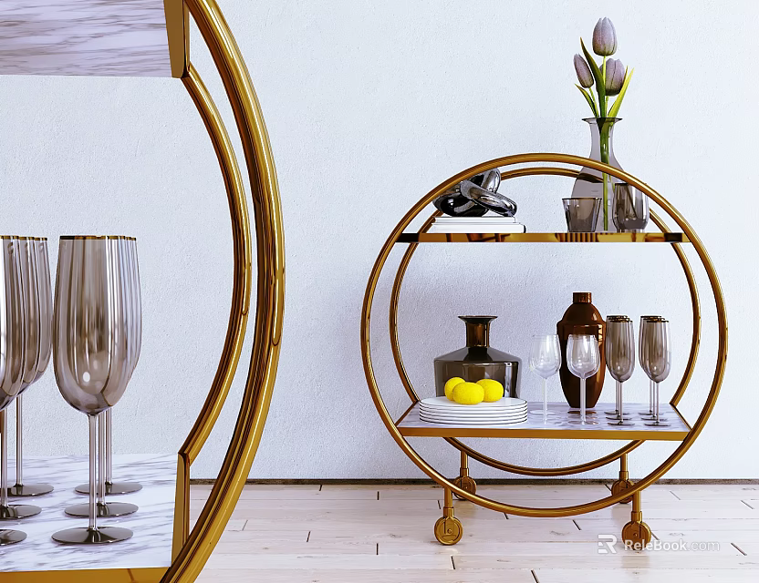 Golden Circular Two Tiered Storage Shelf With Metal Frame Wheels And Decorative Items 3d model 