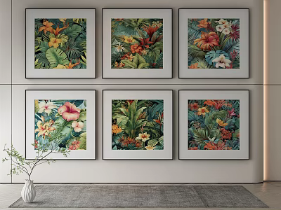 Six Framed Tropical Floral Paintings As Wall Decor With Green Plant And Rug 3d model