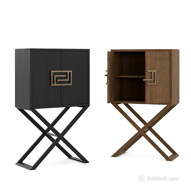 Modern Entryway Console Side Cabinet With Crossed Legs And Geometric Handles Design 3d model 
