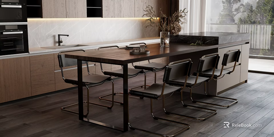 Modern Solid Wood Dining Table Set With Metal Frame Leather Chairs And Kitchen Cabinets 3d model 