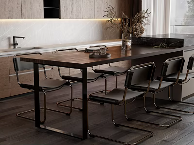 Modern Solid Wood Dining Table Set With Metal Frame Leather Chairs And Kitchen Cabinets 3d model