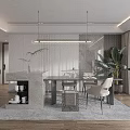 Modern Restaurant Interior With Island Counter Dining Table Chairs And Pendant Lights
