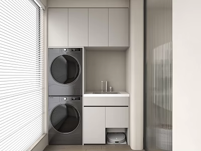 Modern White and Gray Bathroom Cabinet with Washing Machine Dryer Sink Faucet and Storage Space 3d model