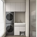 Modern White and Gray Bathroom Cabinet with Washing Machine Dryer Sink Faucet and Storage Space