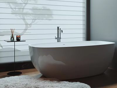 White Freestanding Bathtub Beside Window With Plantation Shutters Small Side Table And Soft Rug 3d model