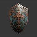 Ornate Copper Decorative Shield With Teal Surface And Intricate Patterns