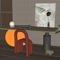 Elegant Modern Desk With Red Chair White Lamp Tablet Green Plant And Artwork