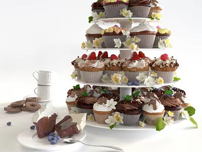 Colorful Cupcakes On Tiered Stand With Cookies Blueberries Chocolate Pieces And White Cup 3d model
