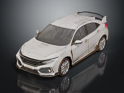 White Sporty Hatchback Car With Stained Body And Silver Wheels 3d model