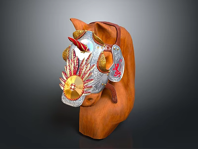 Traditional Horse Head Decoration With Wooden Base And Metallic Red Gold Accents 3d model
