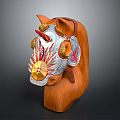 Traditional Horse Head Decoration With Wooden Base And Metallic Red Gold Accents