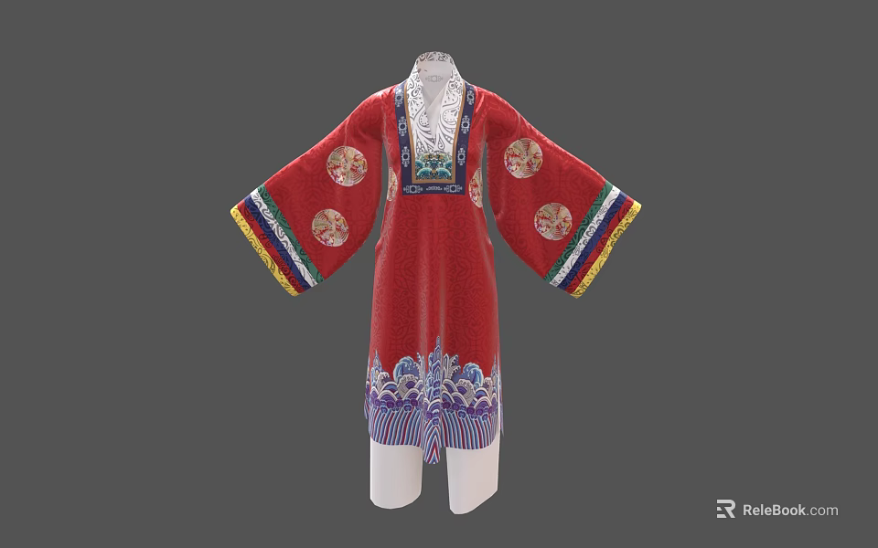 Traditional Red Robe With Long Sleeves Colorful Cuffs And Circular Embroidery Patterns 3d model 