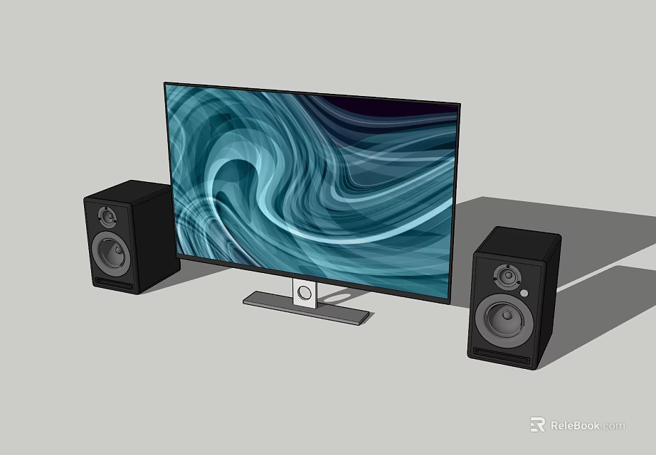 Modern Television with Blue White Swirl Screen on Stand and Black Speakers on Sides 3d model 