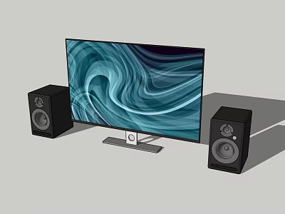 Modern Television with Blue White Swirl Screen on Stand and Black Speakers on Sides 3d model