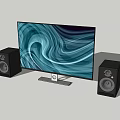 Modern Television with Blue White Swirl Screen on Stand and Black Speakers on Sides