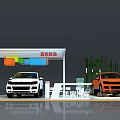 Display shelves for car exhibition booth with white and orange cars and colorful decorations
