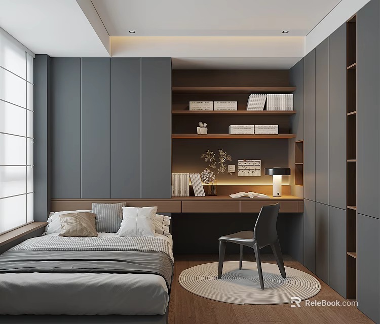 Modern Tatami Bedroom Interior Design With Gray Cabinets Built in Bookshelves Desk And Chair 3d model 
