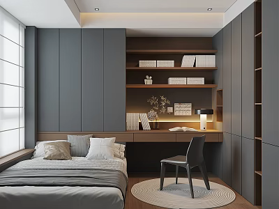 Modern Tatami Bedroom Interior Design With Gray Cabinets Built in Bookshelves Desk And Chair 3d model