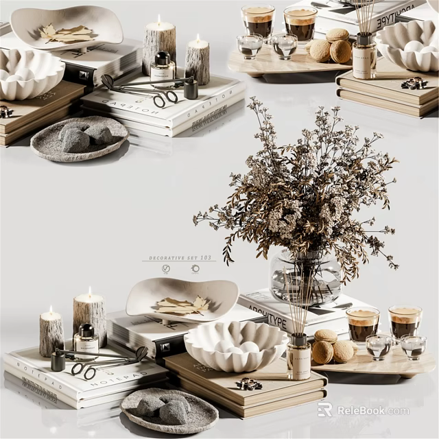Elegant Ornamental Decor Collection With Dried Flowers Vase Candles Books And Bowls 3d model 