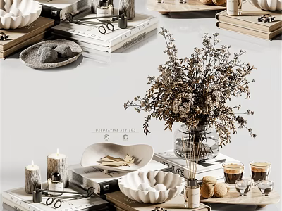 Elegant Ornamental Decor Collection With Dried Flowers Vase Candles Books And Bowls 3d model
