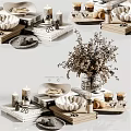Elegant Ornamental Decor Collection With Dried Flowers Vase Candles Books And Bowls