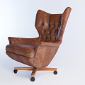 Brown Leather Office Chair With High Tufted Back And Wooden Wheeled Base