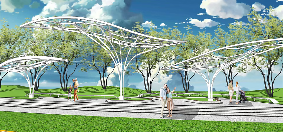 Modern Garden Landscape With White Curved Canopy Green Trees And People Relaxing 3d model 