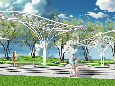 Modern Garden Landscape With White Curved Canopy Green Trees And People Relaxing 3d model