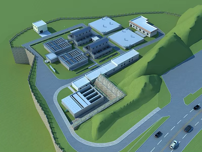 Modern Industrial Factory Complex With Multiple Buildings Solar Panels And Green Hills 3d model