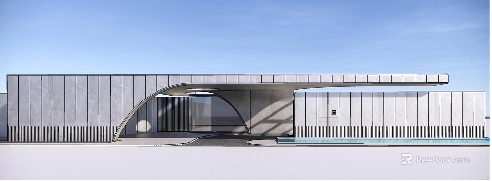 Modern Architectural Entrance Gate With Curved Concrete Structure And Glass Panels 3d model 