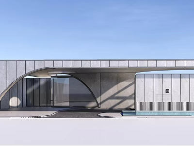 Modern Architectural Entrance Gate With Curved Concrete Structure And Glass Panels 3d model