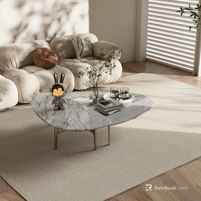 Modern Living Room With Oval Marble Coffee Table Metal Legs And Decorative Items 3d model 