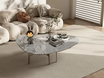 Modern Living Room With Oval Marble Coffee Table Metal Legs And Decorative Items 3d model