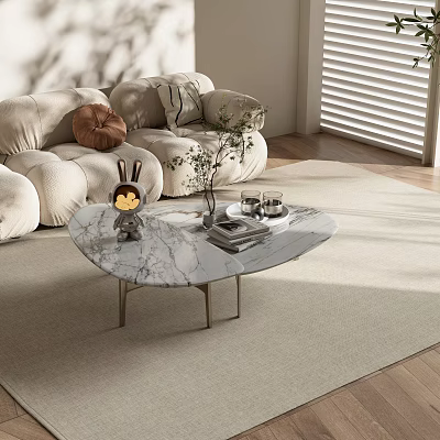 Modern Living Room With Oval Marble Coffee Table Metal Legs And Decorative Items 3d model